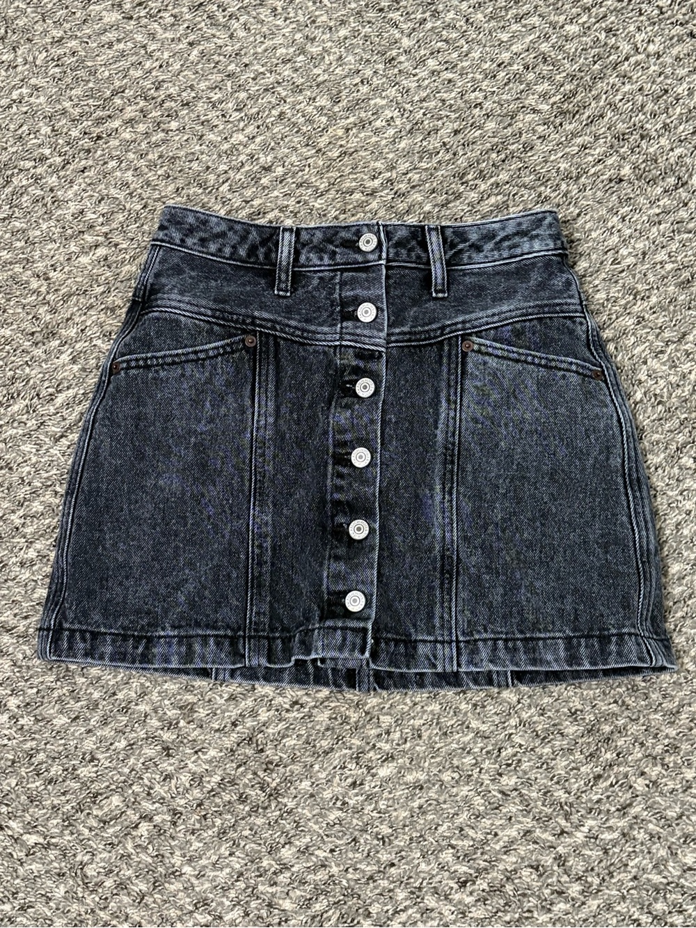 Button-Front Black Denim Mini Skirt